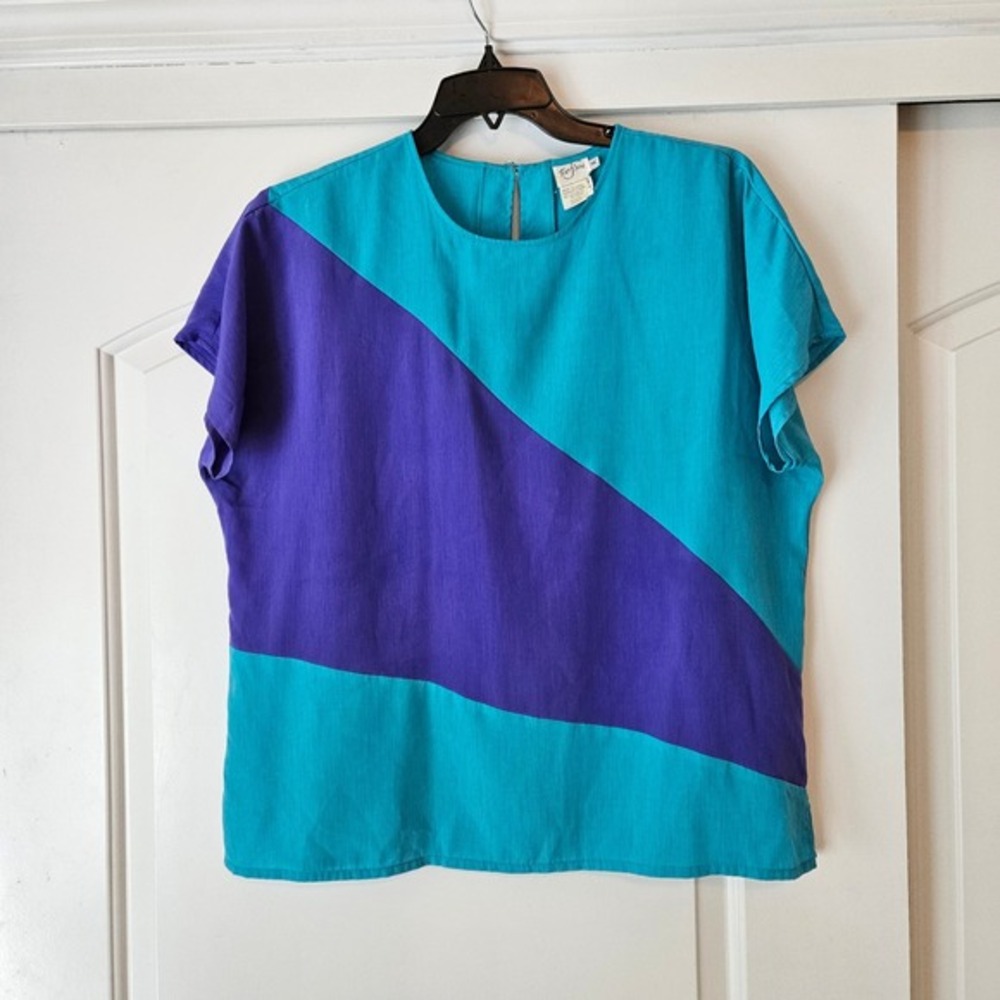 Vintage‎ Tan F Jay Short-sleeve Shirt Turquoise Blue Color-blocked Size 16
